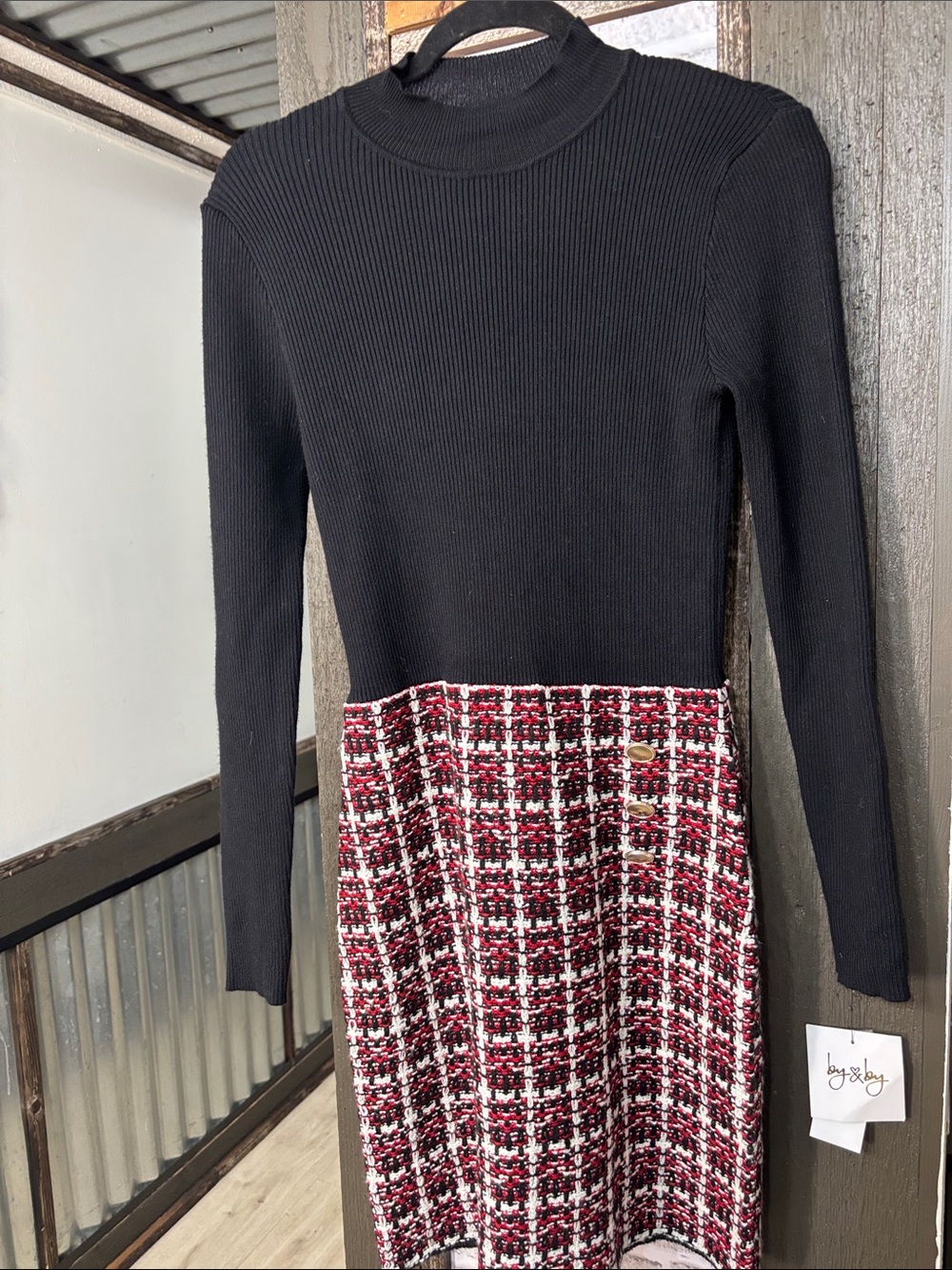 by & by Black Knit Top with Red and White Tweed Skirt Dress NWT Junior’s MEDIUM